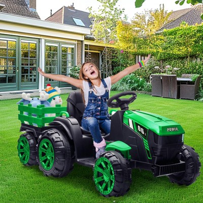 Kids Ride on Tractor with Trailer,12V Electric Vehicles with Remote Control,Dual Motors, Led Lights