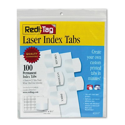 Redi-Tag Laser Printable Index Tabs, 1 1/8 Inch, White, 100/Pack