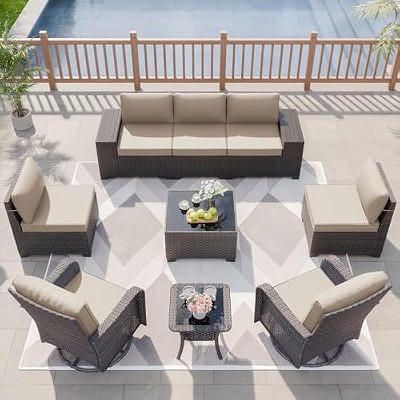ALAULM Patio Furniture Set, Rattan Wicker Outdoor Conversation Sets, Outdoor Furniture Sectional Sofa Set w/4 Inch Cushion and Glass Coffee Table