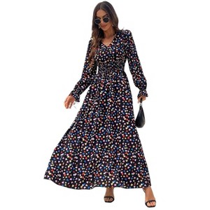 Women's Summer Floral V-Neck Maxi Dress  Long Sleeve Elegant Fit : Target