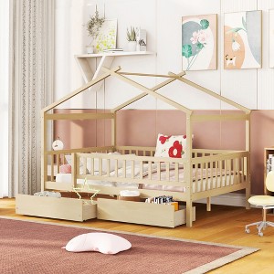 TIRAMISUBEST Twin/Full Size House Bed with 2 Storage Drawers, Wooden House Platform Bed with Fence Guardrails and Roof Design for Kids - 1 of 4