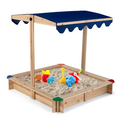 Safstar Kids Wooden Sandbox with Height Adjustable & Rotatable Canopy Outdoor Playset