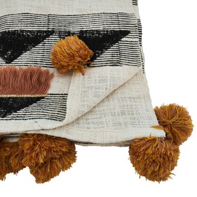 Modern Block Print Embroidered Cotton Throw with Pom Poms