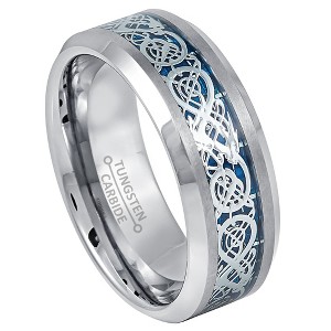 Jewelry Avalanche Blue Celtic Dragon Inlay Beveled Tungsten Carbide Wedding Band, Comfort-fit, 8mm - 1 of 2