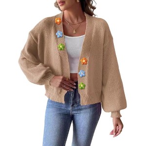 Women's Lantern Sleeve Crochet Flower Open Front Sweater Cardigan - 1 of 4