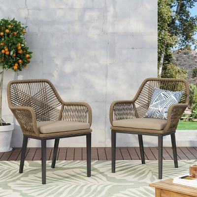 Set of 2 Light Brown Wicker Dining Chairs with Beige Cushions