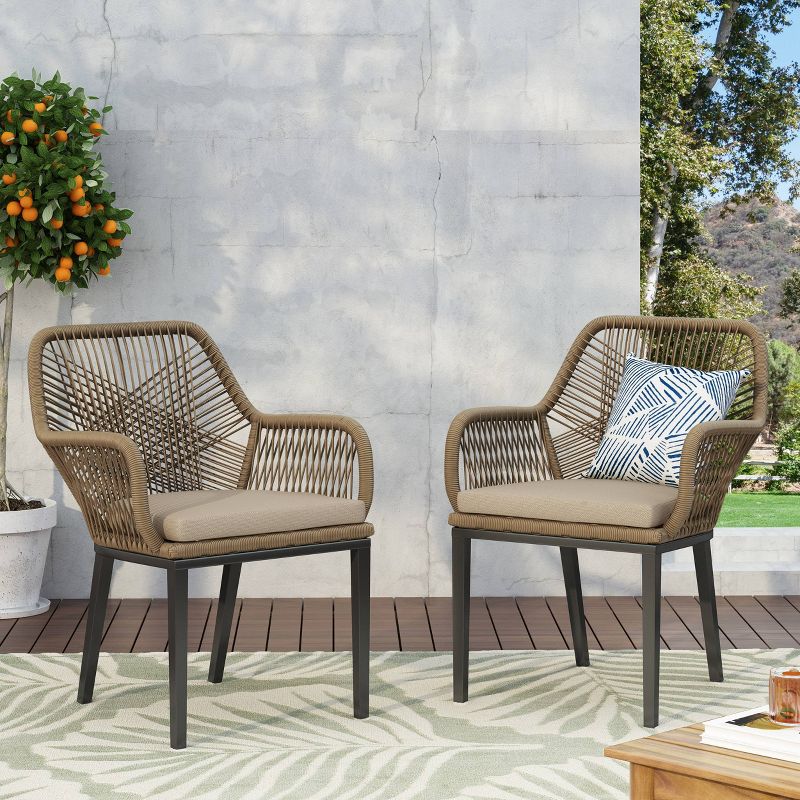 2pk Russel Outdoor Wicker Dining Chairs with Cushions Light Brown/Beige - Christopher Knight Home, 4 of 11