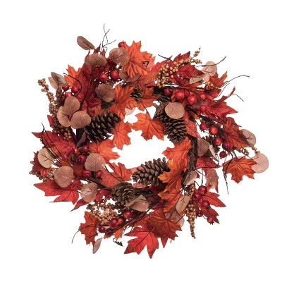 Transpac Fabric 24 in. Multicolor Harvest Leaves and Pine Cones Wreath