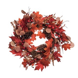 Transpac Fabric 24 in. Multicolor Harvest Leaves and Pine Cones Wreath - 1 of 2