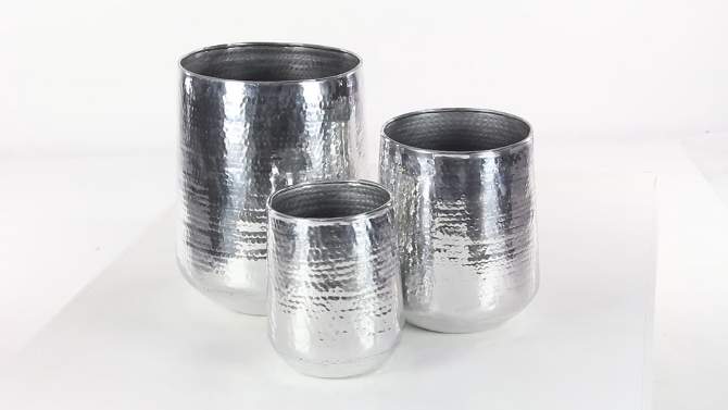 Set of 3 Contemporary Aluminum Pot Planters Silver - Glamorous Indoor/Outdoor Decor, Lightweight, Hammered Design - Olivia & May, 2 of 18, play video