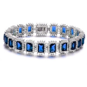 Guili White Gold Plated Vintage Tennis Bracelet with Blue Sapphire and Cubic Zirconia Halo Cluster, Bringing Luxurious Vintage Glamour to Any Look. - 1 of 2