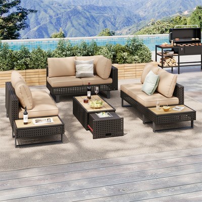 ELJGET 4-Piece Patio Sectional Furniture Set with Ice Bucket, Coffee Table, Collapsible Seat and Cushions for Couch, Porch, Backyard