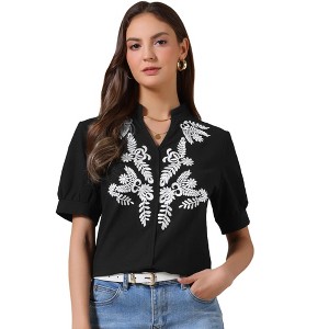 INSPIRE CHIC Women's Summer Cotton Floral V Neck Short Sleeve Embroidered Casual Blouses - 1 of 4