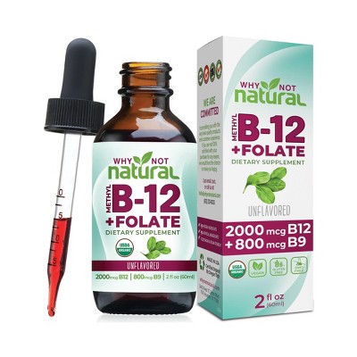 Why Not Natural Vitamin B12 Liquid Plus Folate - Organic Sublingual Extra Strength Vegan Drops - Methyl Supplement with Folinic