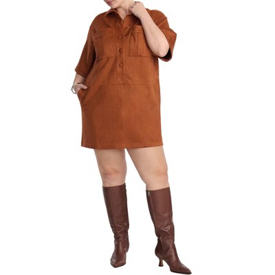 ELOQUII Women's Plus Size Faux Suede Mini Shirt Dress