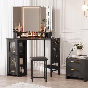 Corner Vanity Desk and Stool, Corner Makeup Vanity with LED Lighted Mirror Charging Station and Cabinet for Bedroom - 1 of 4