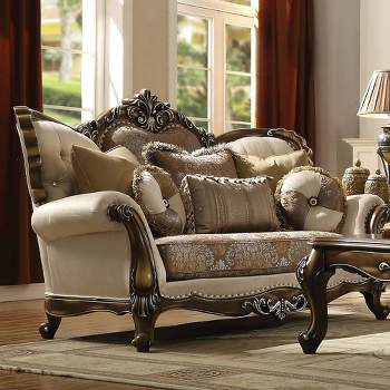 74" Latisha Sofa Tan, Pattern Fabric and Antique Oak Finish - Acme Furniture
