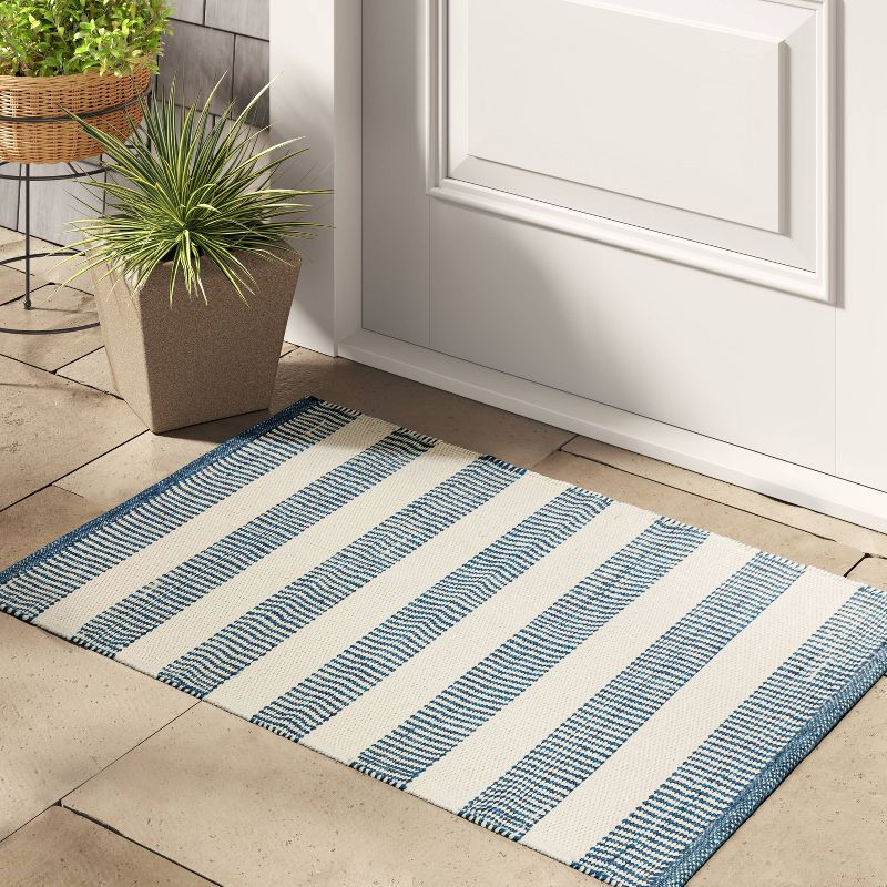 Rectangular Hand Made Woven Outdoor Rug Striped Ivory/Blue - Threshold™ designed with Studio McGee, 3 of 8