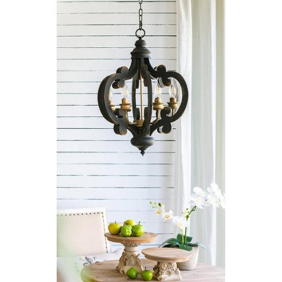 Antique Black 6-Light Wrought Iron Chandelier with Glass Shades