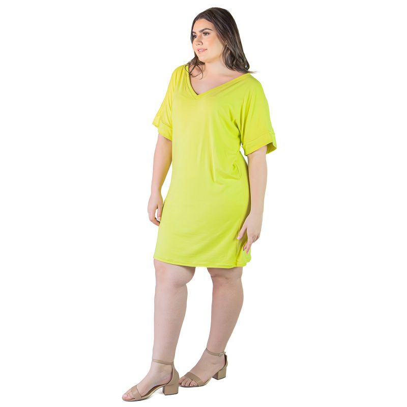 24seven Comfort Apparel Plus Size Solid Color Loose Fit V Neck T Shirt Style Knee Length Dress, 2 of 7