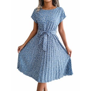 Women's Floral Print Short Sleeve Pleated Midi Dress with Self-Tie Belt - 1 of 4