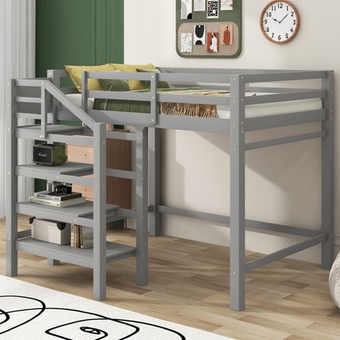 Full Size Loft Bed with Staircase, Pine Wood Loft Bed Frame - ModernLuxe - image 1 of 4