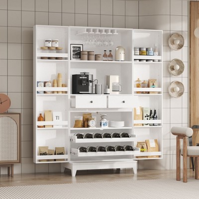 FUFU&GAGA White Woodgrain Kitchen Cabinet Buffet Pantry Bar Cabinet Multi Storage with Cup Holder