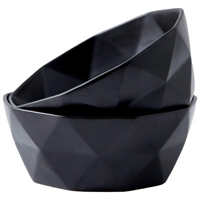 Set of 2 Black Geometric Ceramic Serving Bowls