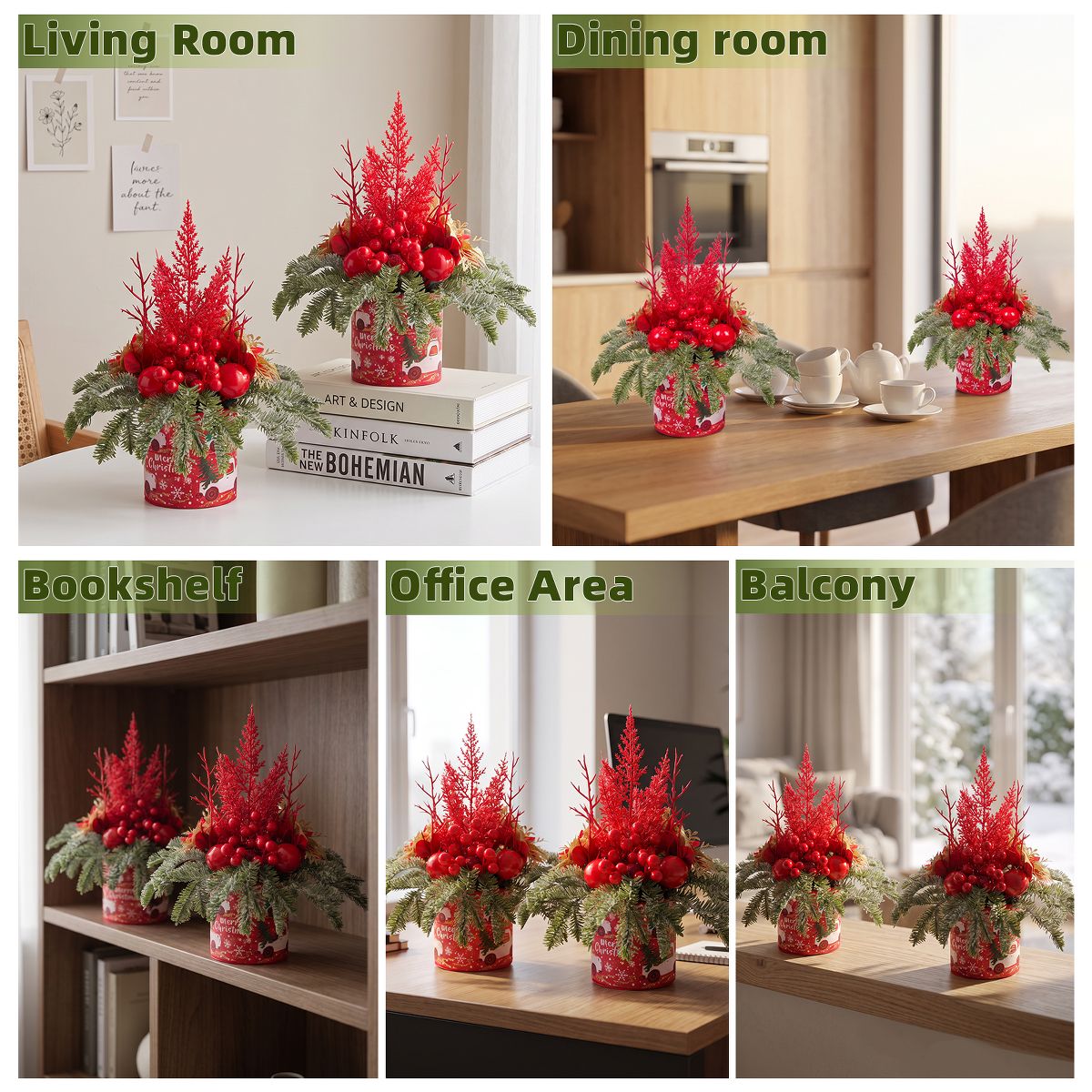 Mini Christmas Trees for Tabletop, Pre-Decorated Artificial Christmas Tree with Red Berries Ornaments, Small Potted Xmas Tree Desk Table Decor, 2 Pcs - thumbnail 5