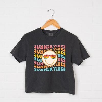Simply Sage Market Women's Summer Vibes Stacked Smiley Short Sleeve Relaxed Fit Cropped Tee