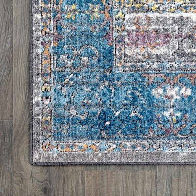 Anatolia Medallion Peacock Blue and Gray Easy-Care Area Rug