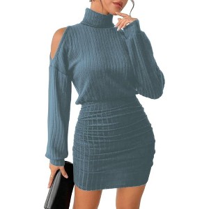 Long Lantern Sleeve Ribbed Knit Sweater Dress, Turtle Neck Bodycon Mini Pullover Dress for Women, Fall and Winter Fashion 87-blue - 1 of 4