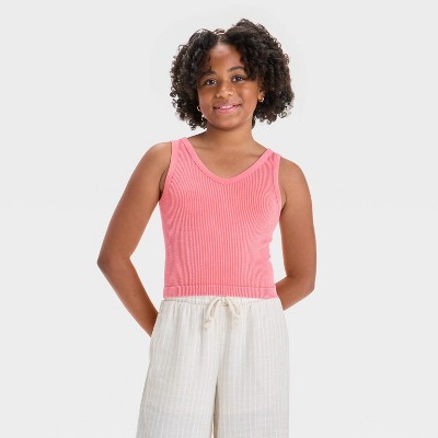 Girls' Knit Tank Top - art class™ Melon Orange M: Lightweight Modal Blend, V Neck, Ribbed Sleeveless Fashion Tee