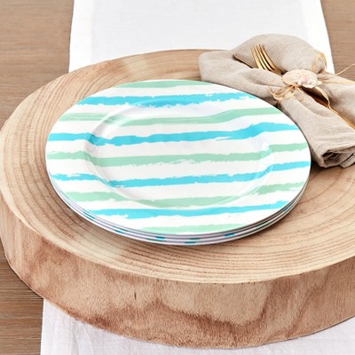 Coastal Blue and Green Striped Melamine Dinner Plates, Set of 4