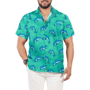 LA LEELA Men's Hawaiian Shirt Vacation Caribbean Party 3X-Large Cyan Dolphin - 1 of 4