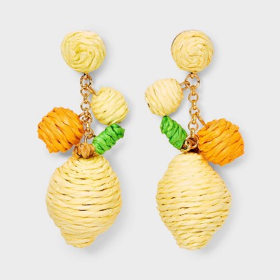 Linear Raffia Lemons and Oranges Earrings - A New Day™ Yellow/Orange: Hypoallergenic Plastic Drop, Floral Theme