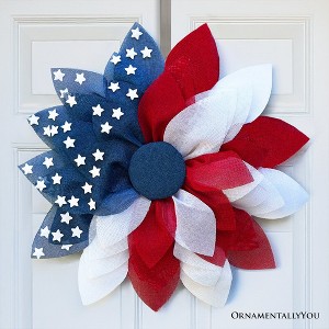 Rustic Burlap Patriotic 22" Wreath, American Flag Style 4th of July Front Door Home Decor| OrnamentallyYou - 1 of 4