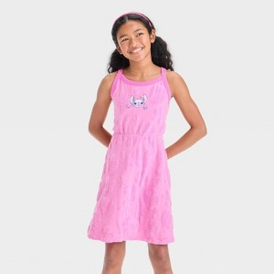Girls' Disney Stitch and Angel Embroidered Terry Tank Dress - Pink - 1 of 4