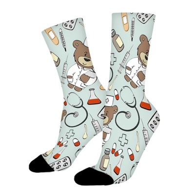 Teddy Bear Doctor Pattern Women Printed Crew Socks Funny Funky Socks Soft Polyester Novelty Gifts for Artists Men