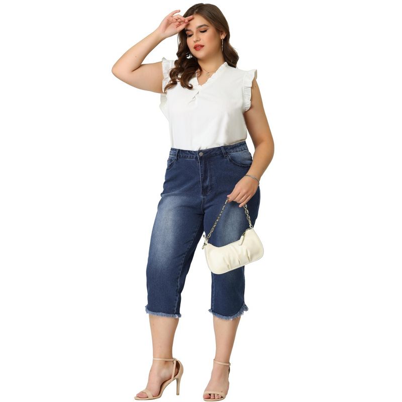 Agnes Orinda Women's Plus Size Fashion Denim Frayed Hem Washed Jeans Capri, 3 of 7