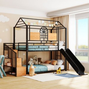 Twin Over Twin Metal Bunk Bed, Metal Housebed with Slide and Storage Stair - 1 of 4