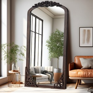 MAYEERTY Full-Length Mirror Solid Wood Carved Right Angle Micro-Arch Weathered White 64x21in with Stand - 1 of 4
