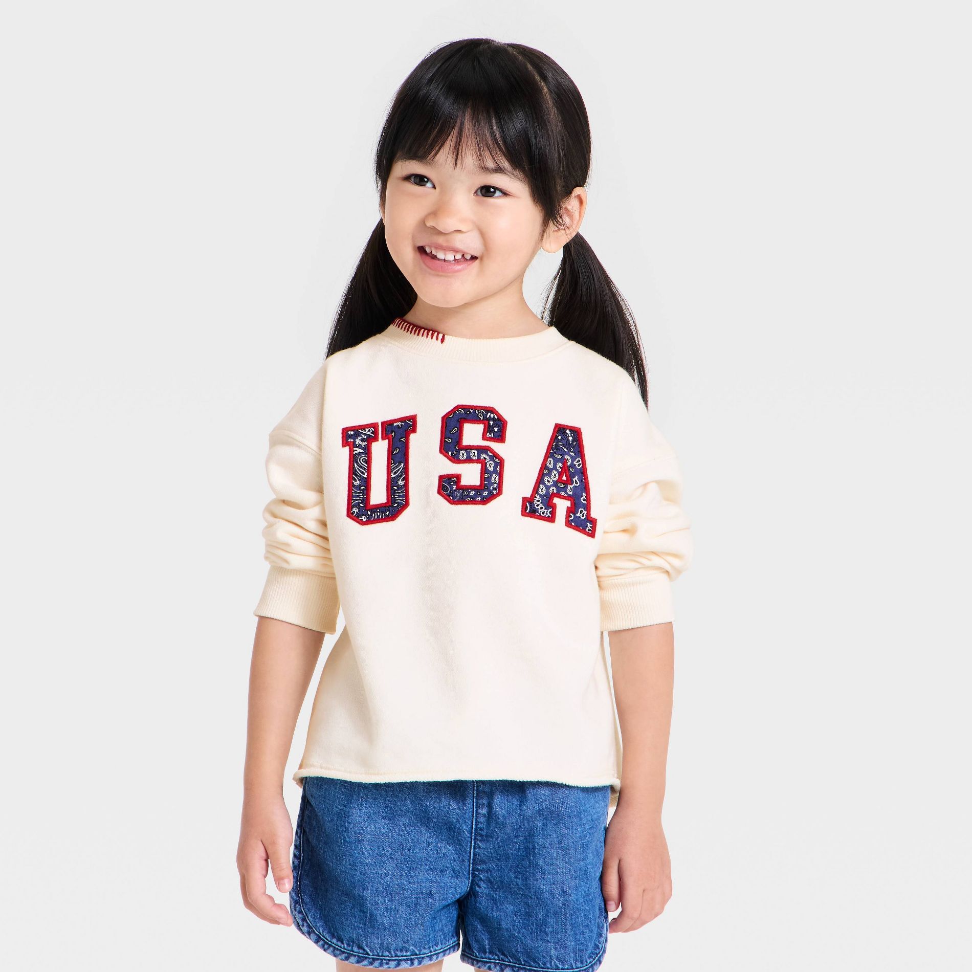 Toddler Girls' Crewneck USA French Terry Pullover Sweatshirt - Cat & Jack™ Cream
