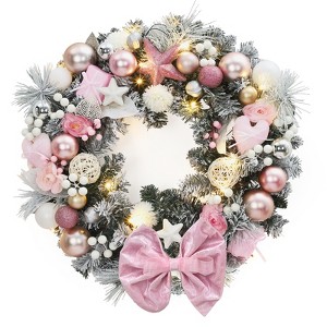 24" Christmas Wreath, Christmas Artificial Garland with Pink Bow & Ball Ornaments for  Front Door Fireplace Window Wall Decor - 1 of 4