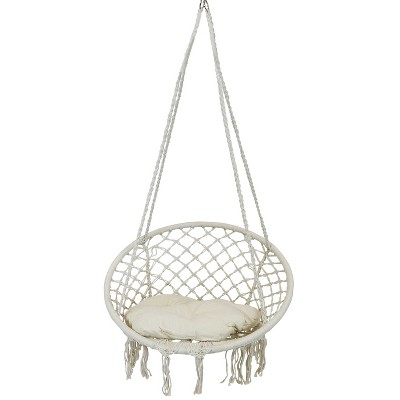 Sunnydaze Cotton Rope Hammock Chair Bohemian Macrame Hanging Netted Swing with Seat Cushion, Tassels and Mounting Hardware - White