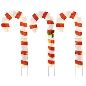 Costway 3 PCS Pre-Lit Candy Canes 31.5"H Xmas Yard Signs with 75 LED Lights Zip Ties - 1 of 4