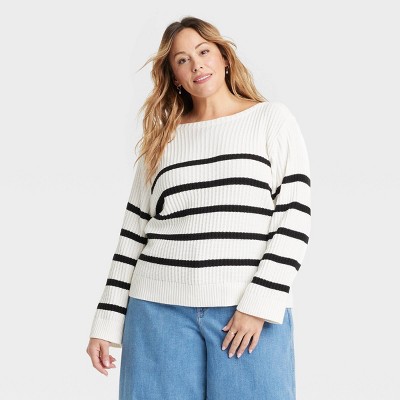 Women's Boat Neck Pullover Sweater - Ava & Viv™ White Striped 1X