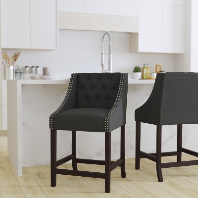 Charcoal Tufted Fabric and Walnut Wood Counter Stool