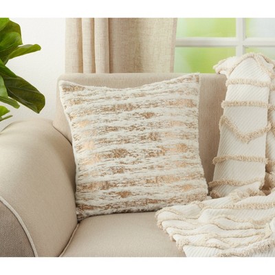 Gold and White Faux Fur Metallic Foil Print Square Throw Pillow