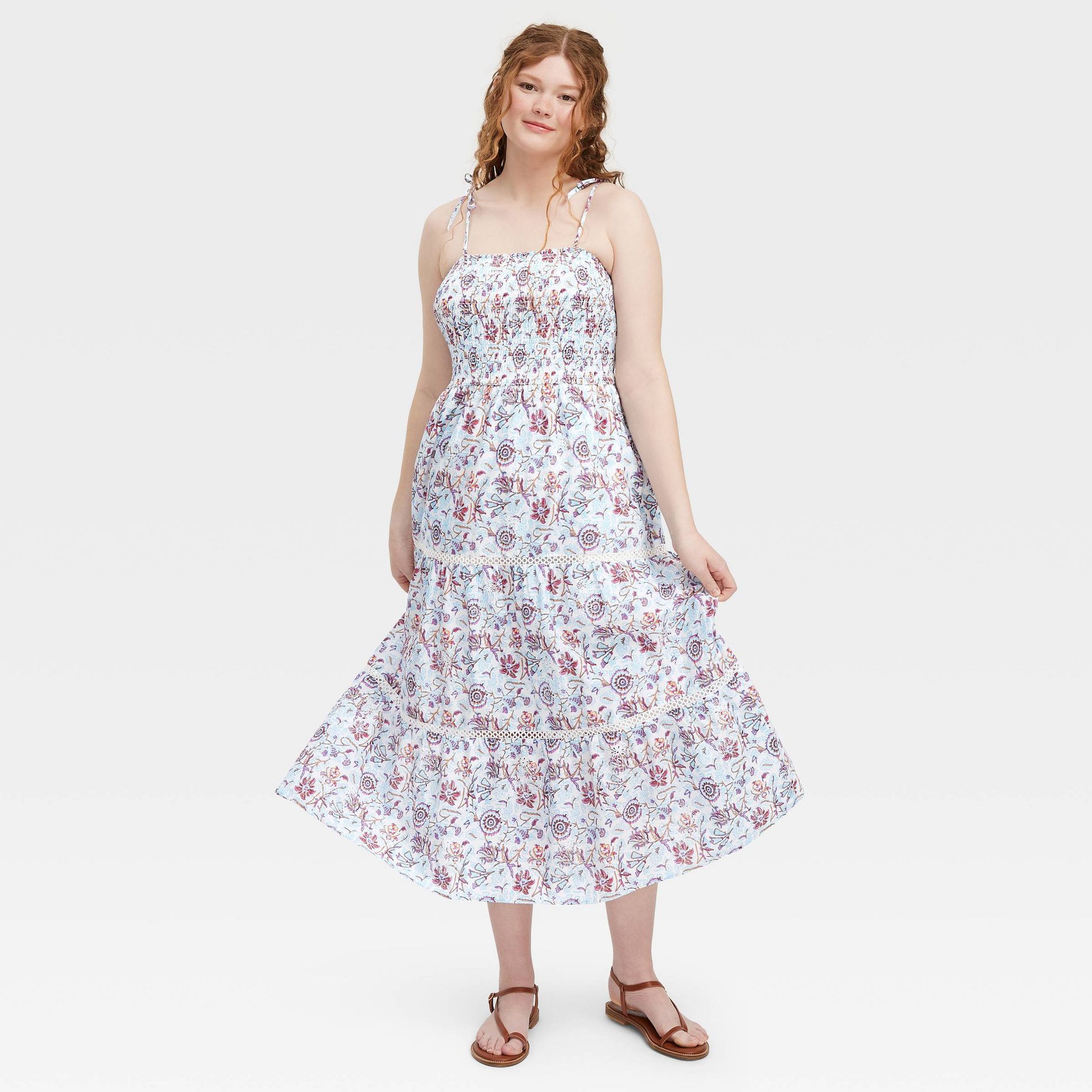 Women's Sketched Floral Tie-Shoulder Tiered Maxi A-Line Dress Blue - Roller Rabbit x Target